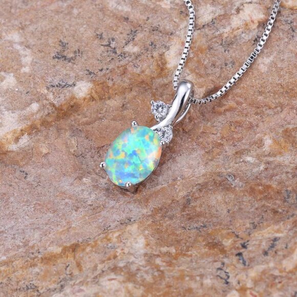 NEW 14k White Gold Blue Fire Opal Necklace Opal Pendant Necklace - Picture 4 of 6